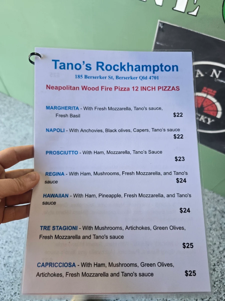 Menu, Tano's Italian Fresh Food