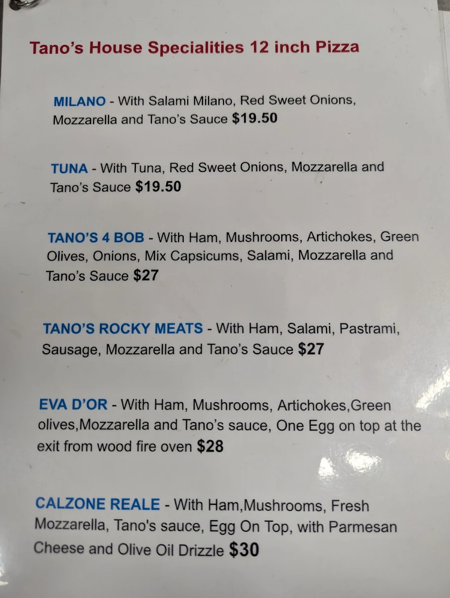 Menu, Tano's Italian Fresh Food