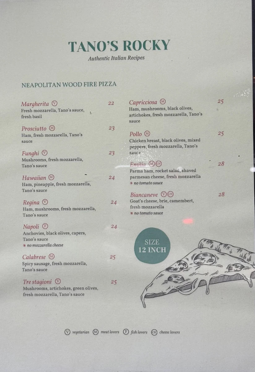 Menu, Tano's Italian Fresh Food