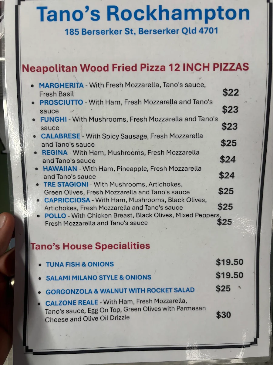 Menu, Tano's Italian Fresh Food