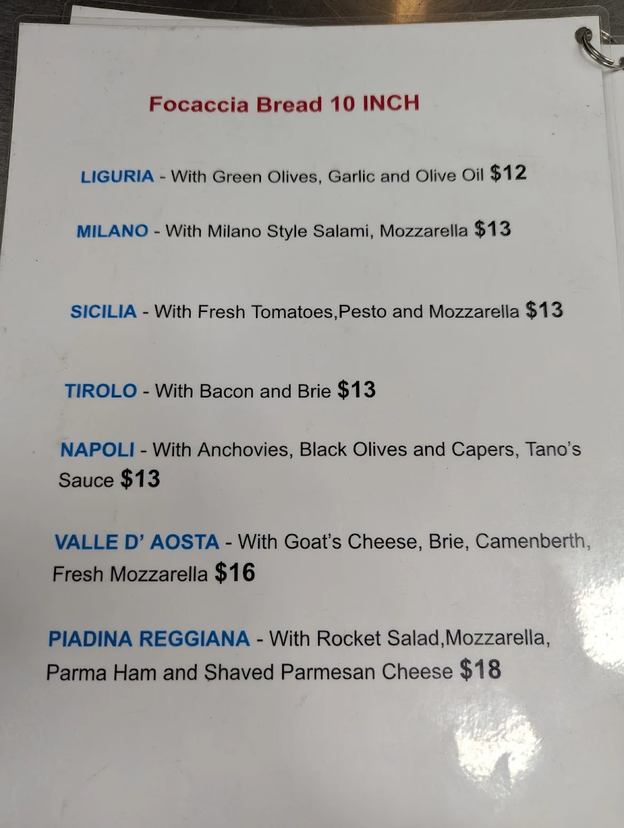 Menu, Tano's Italian Fresh Food