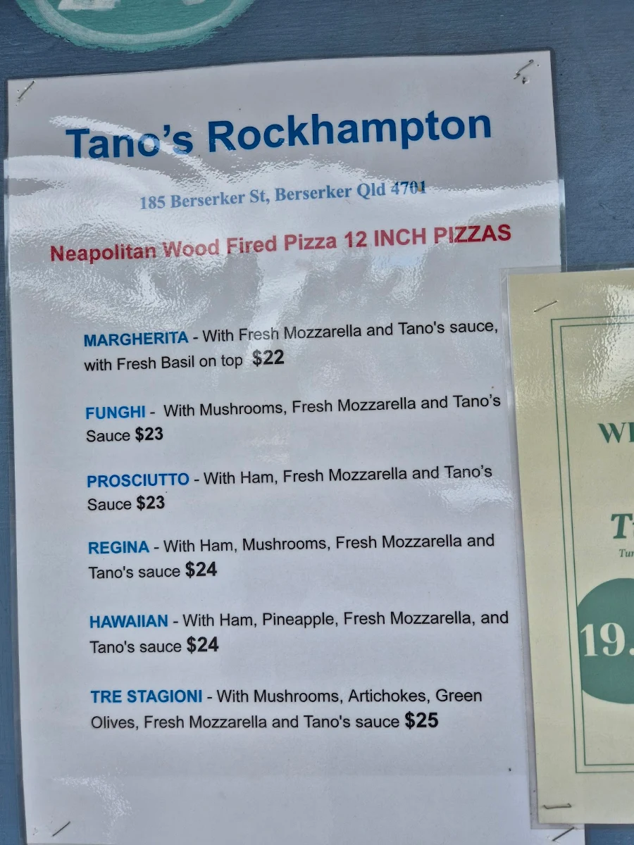 Menu, Tano's Italian Fresh Food