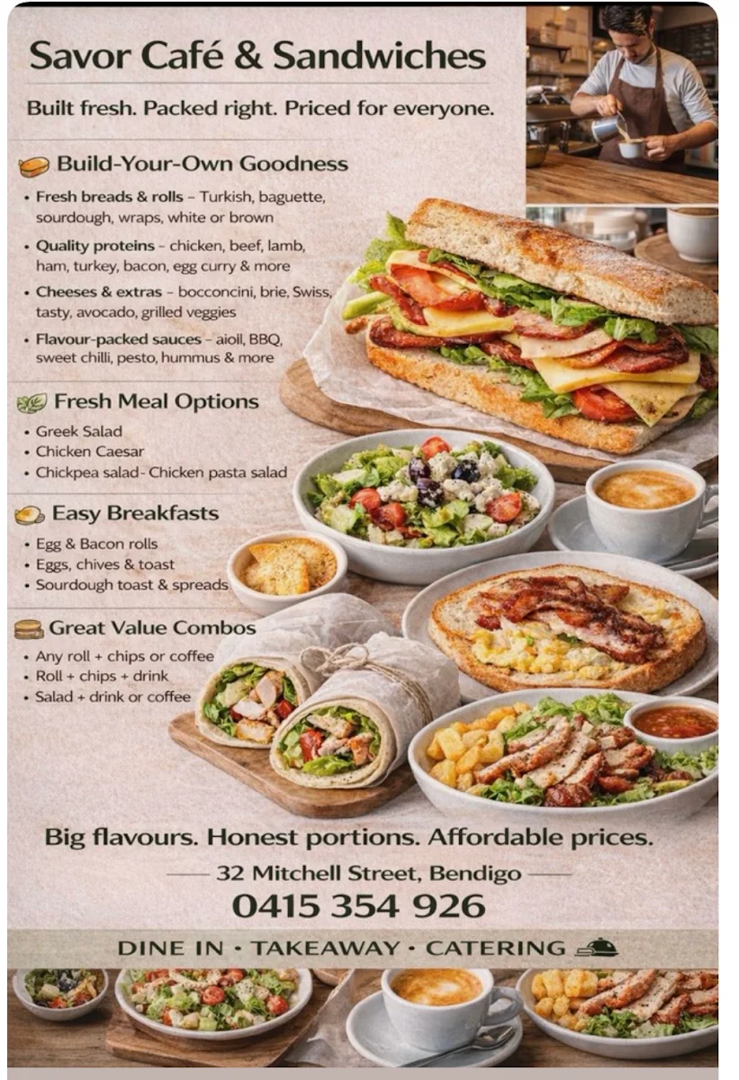 Menu, Savor cafe and sandwich