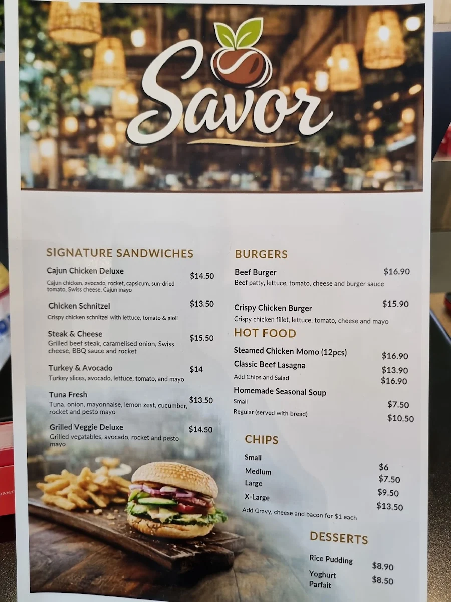 Menu, Savor cafe and sandwich