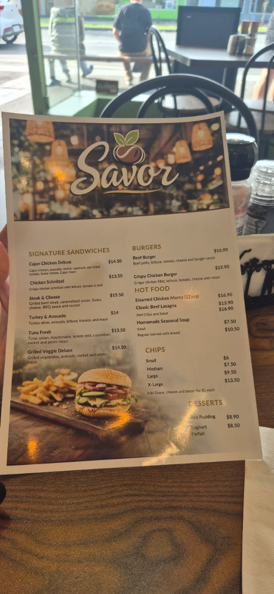 Menu, Savor cafe and sandwich