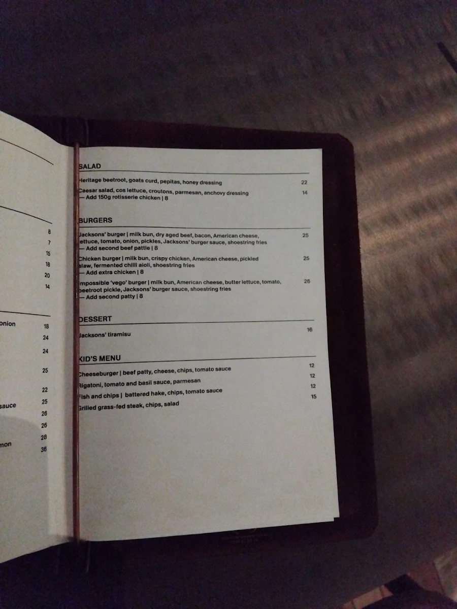 Menu, Jacksons on George