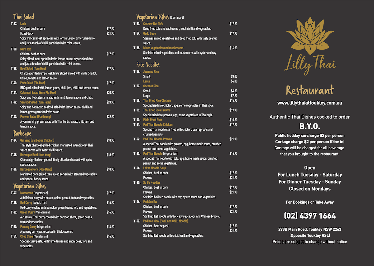 Menu, Lilly Thai Restaurant