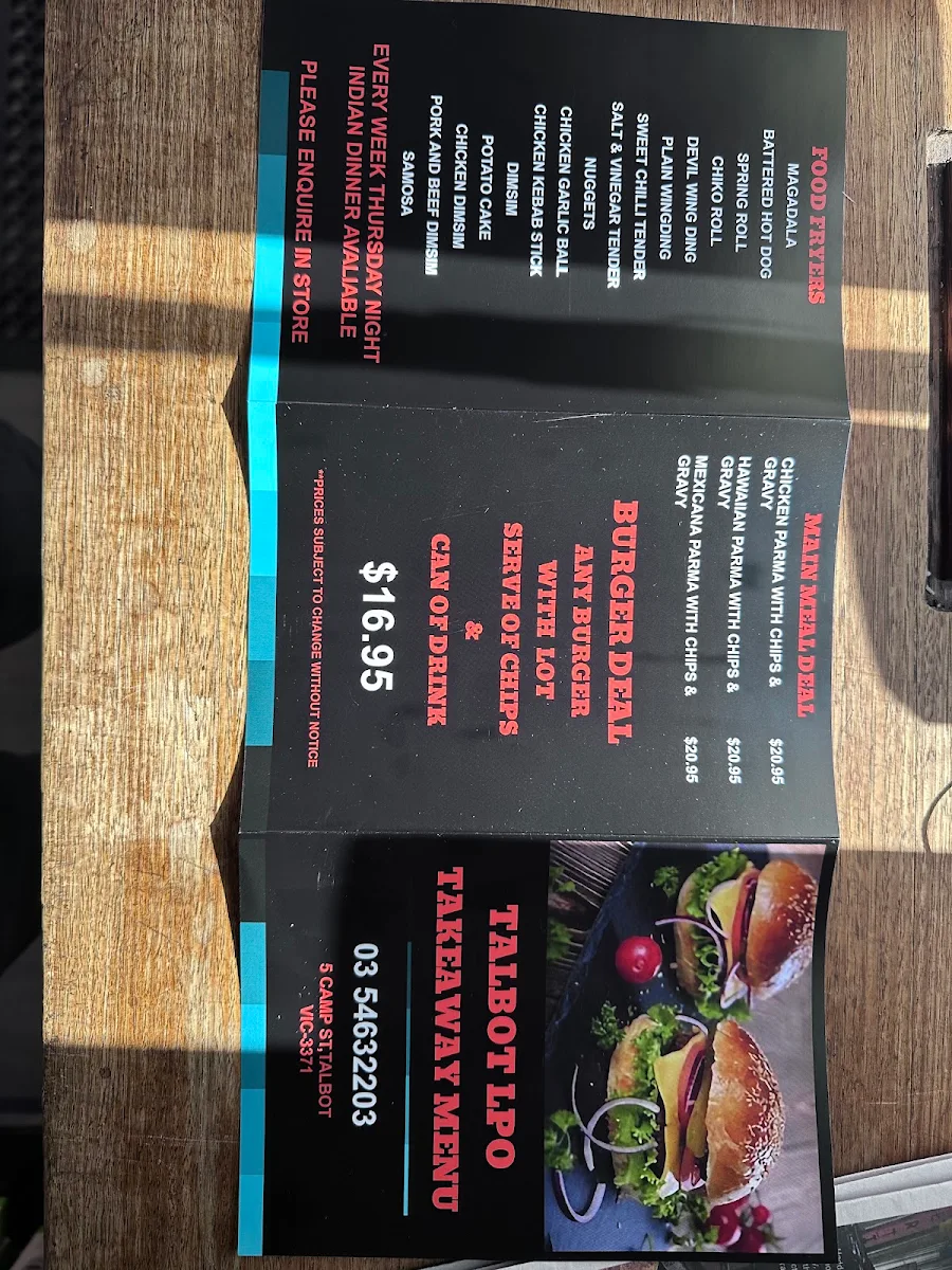 Menu, Talbot Lpo Food truck & General store