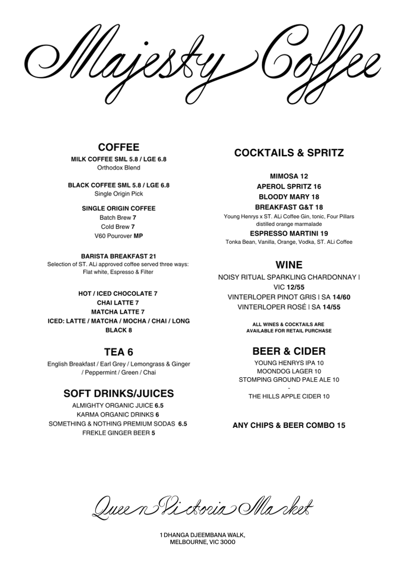 Menu, Majesty Coffee