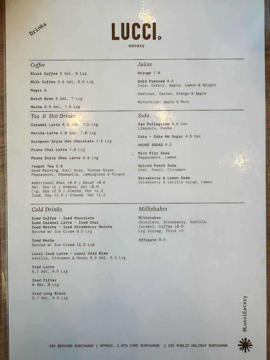 Menu, Lucci Eatery