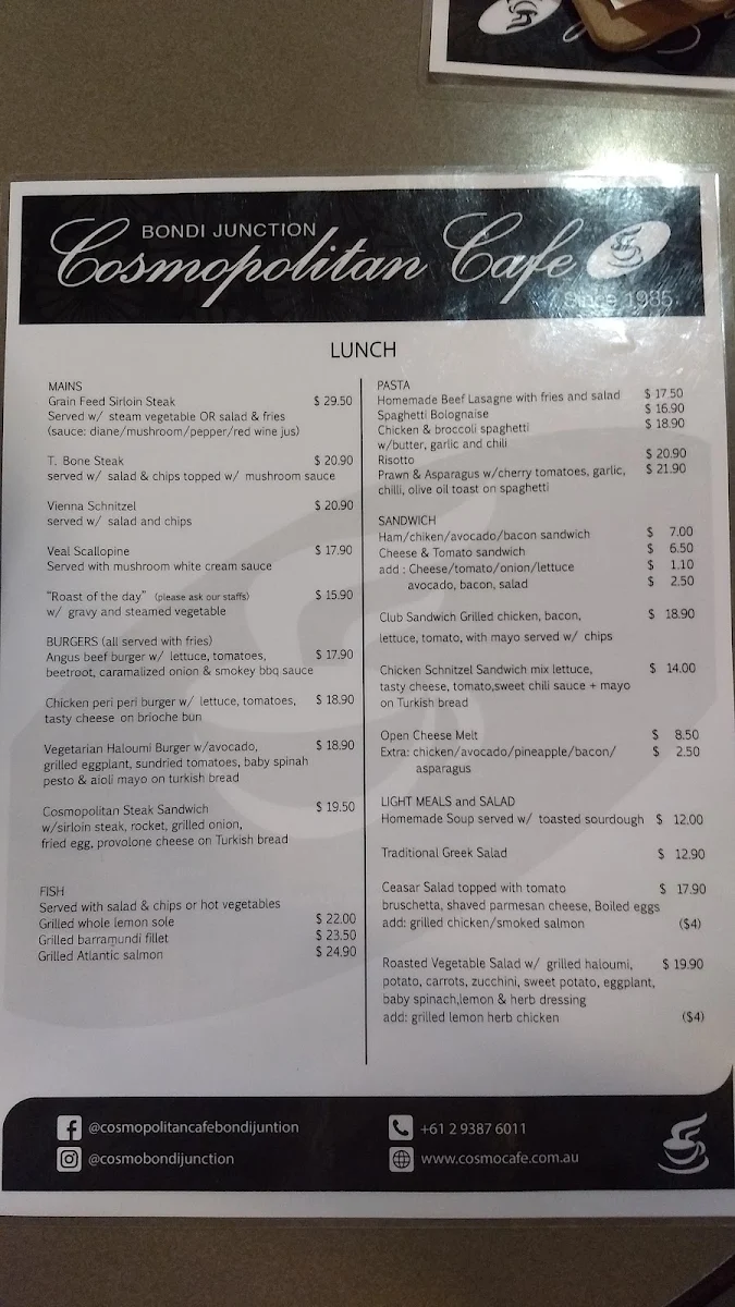 Menu, Cosmopolitan Cafe Bondi Junction