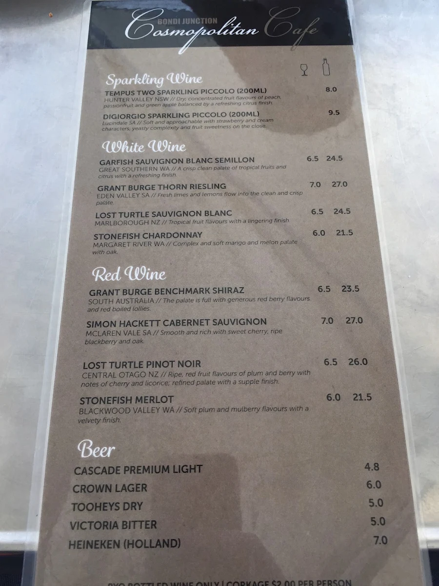 Menu, Cosmopolitan Cafe Bondi Junction