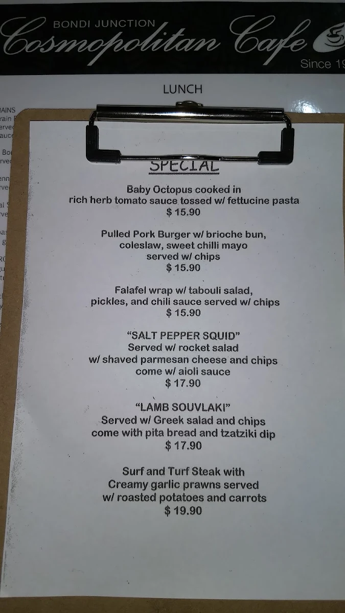Menu, Cosmopolitan Cafe Bondi Junction