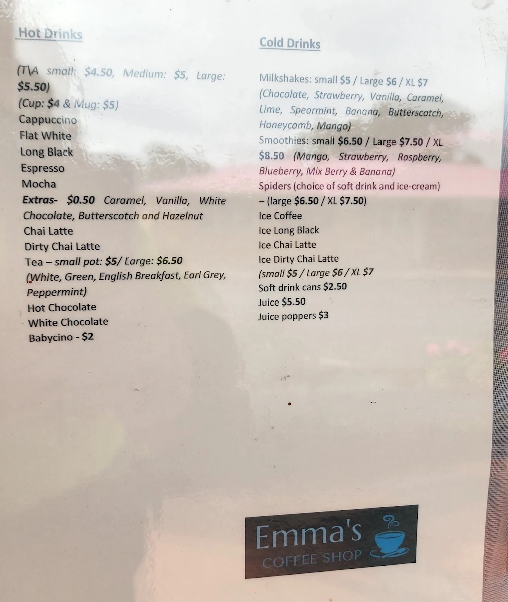 Menu, Emma’s Coffee shop