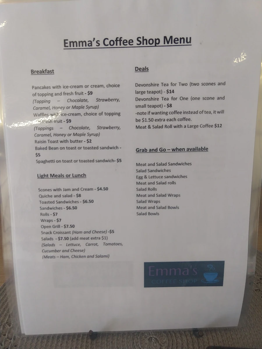 Menu, Emma’s Coffee shop