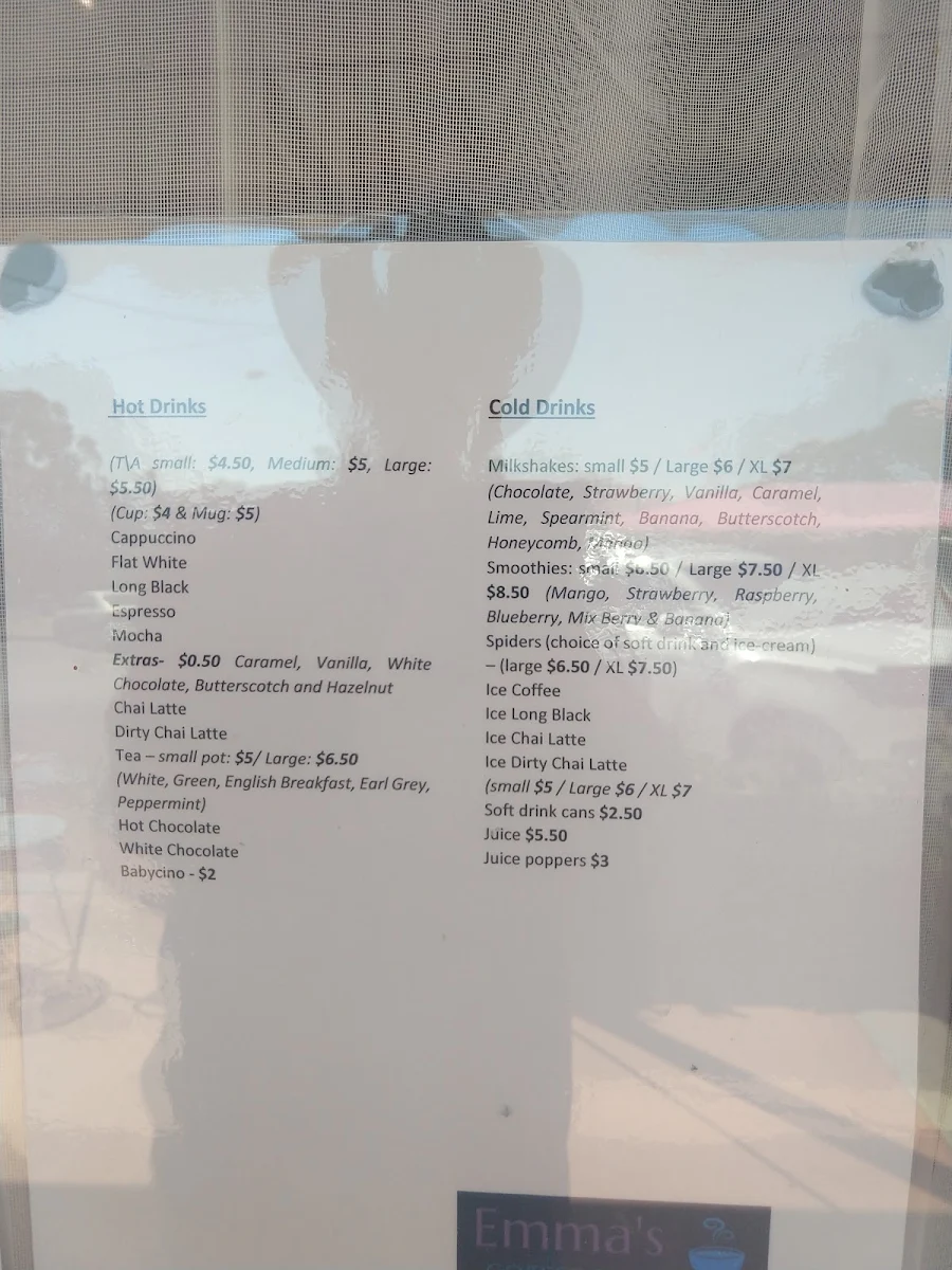 Menu, Emma’s Coffee shop