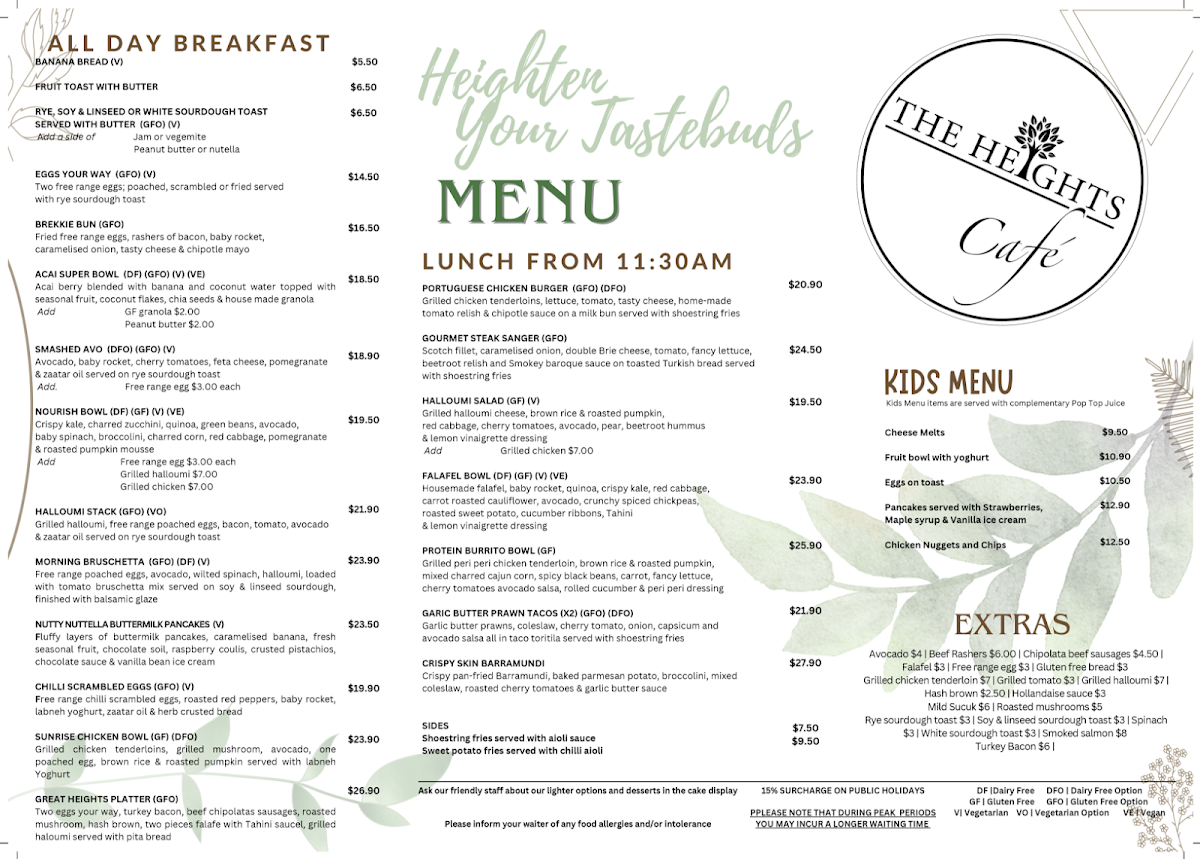 Menu, The Heights Cafe AU