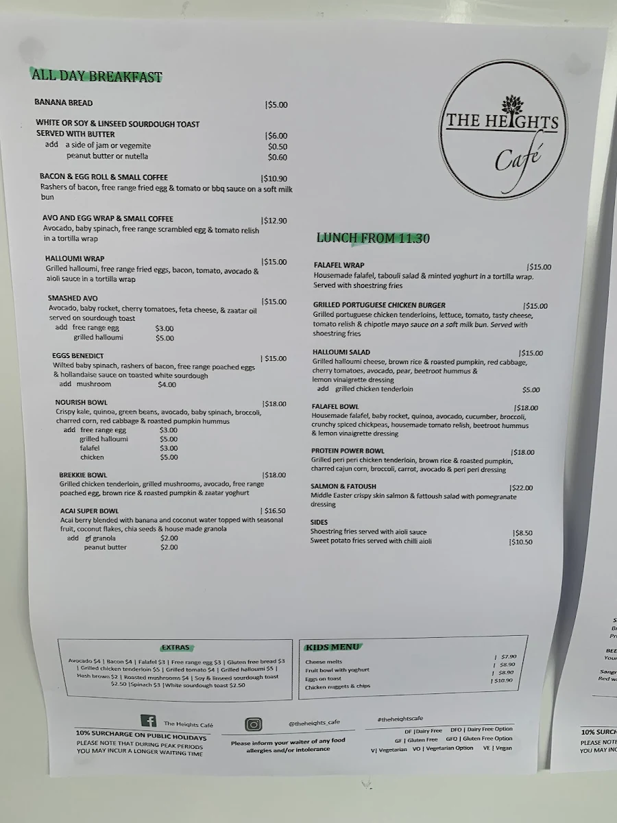Menu, The Heights Cafe AU
