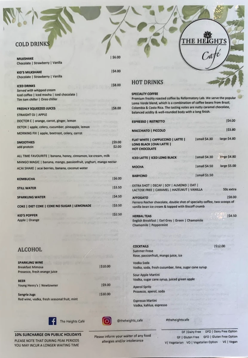 Menu, The Heights Cafe AU