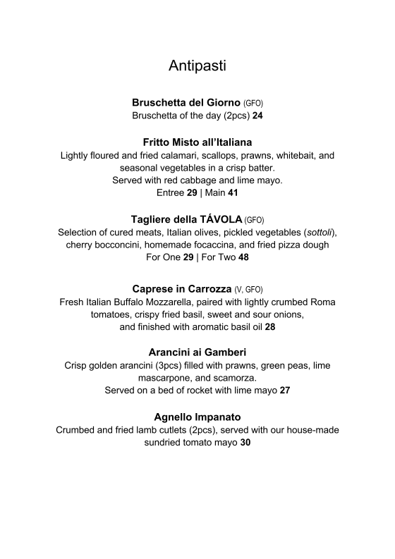 Menu, TÁVOLA Restaurant