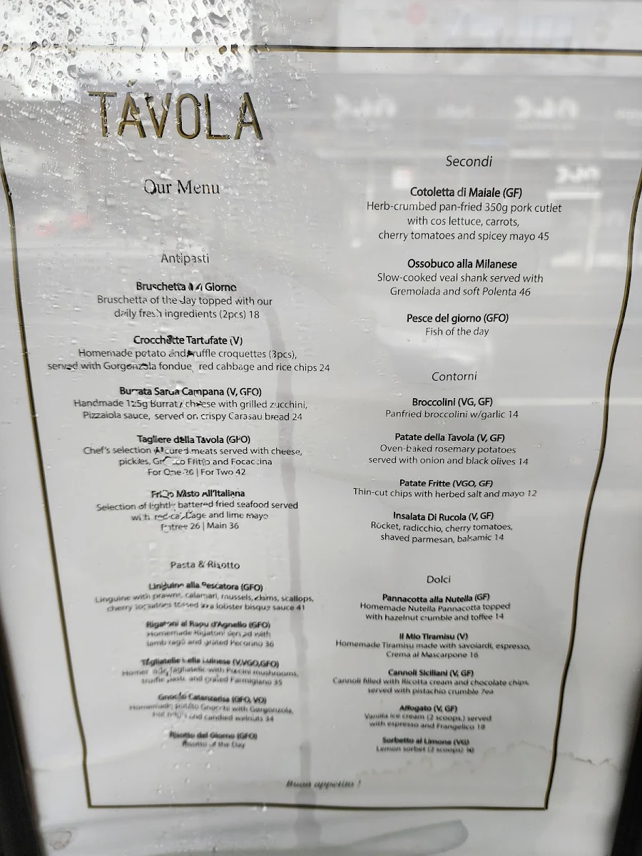 Menu, TÁVOLA Restaurant
