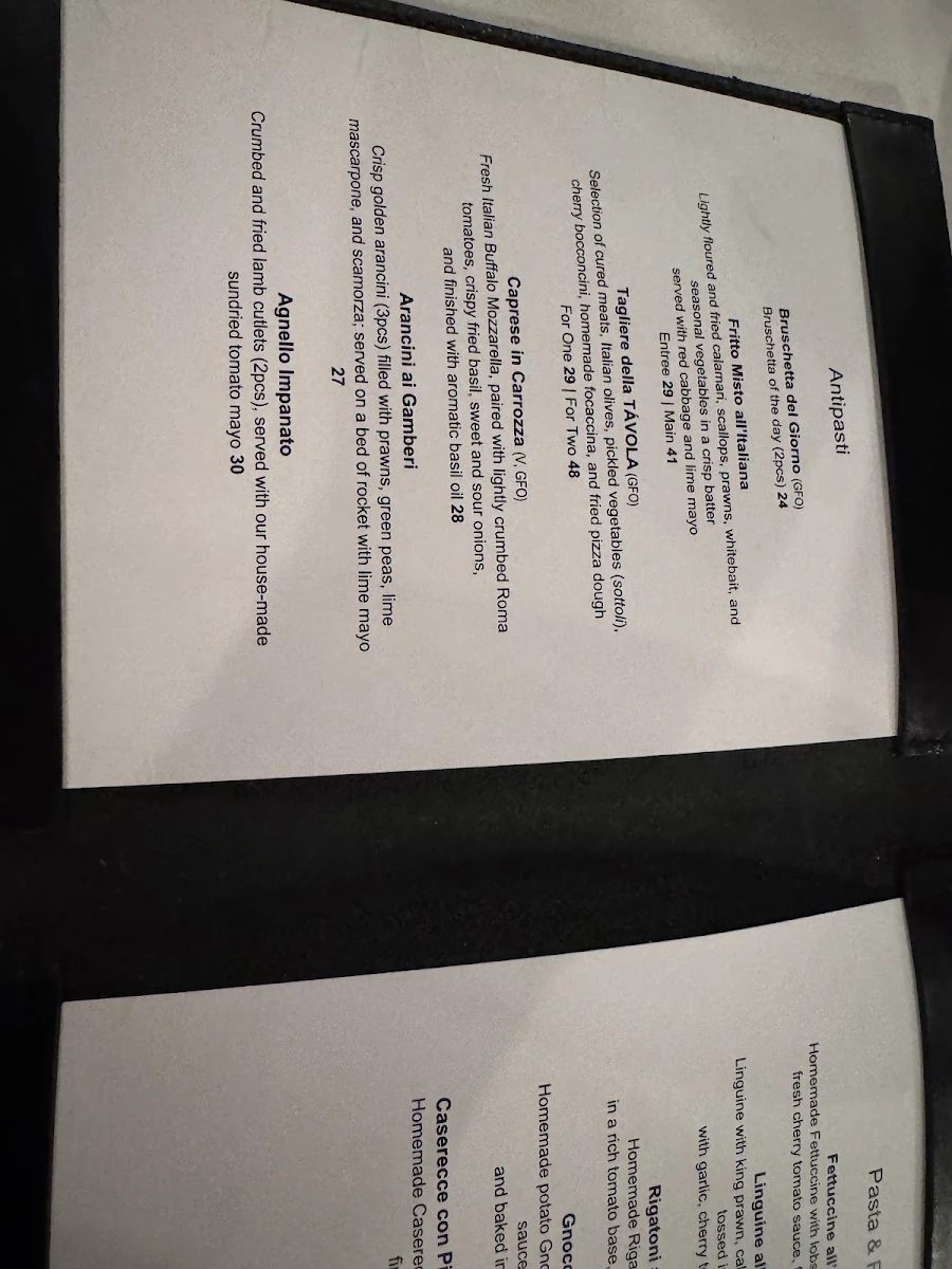 Menu, TÁVOLA Restaurant
