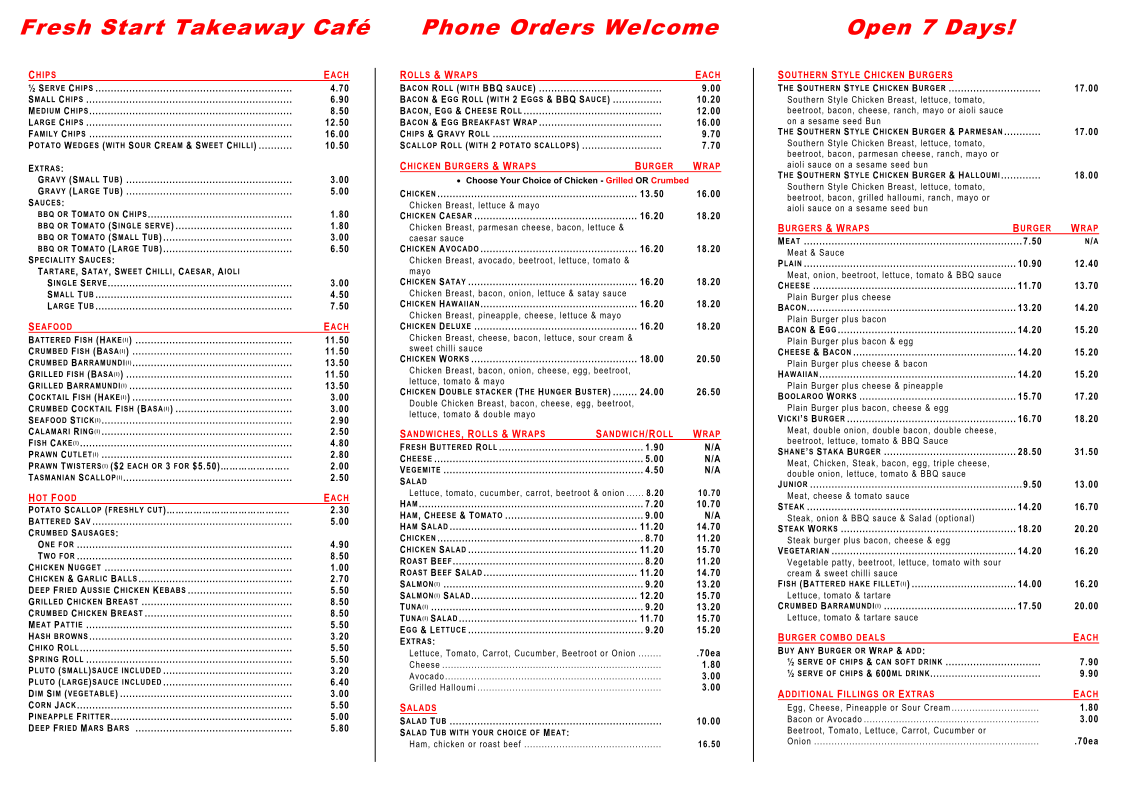 Menu, Fresh Start Takeaway