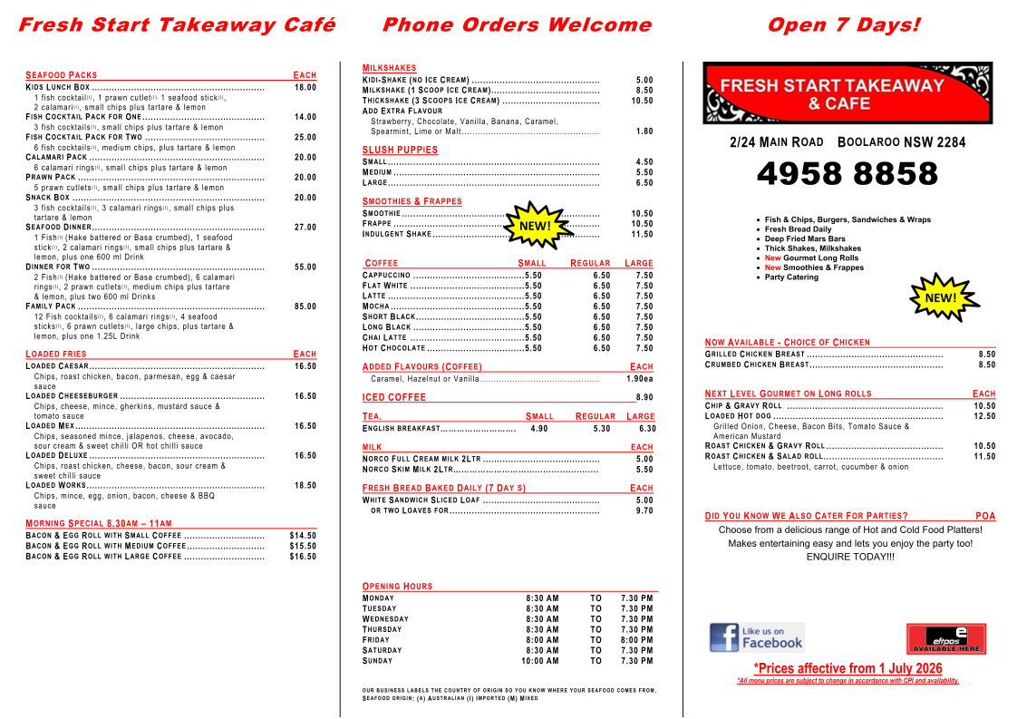 Menu, Fresh Start Takeaway