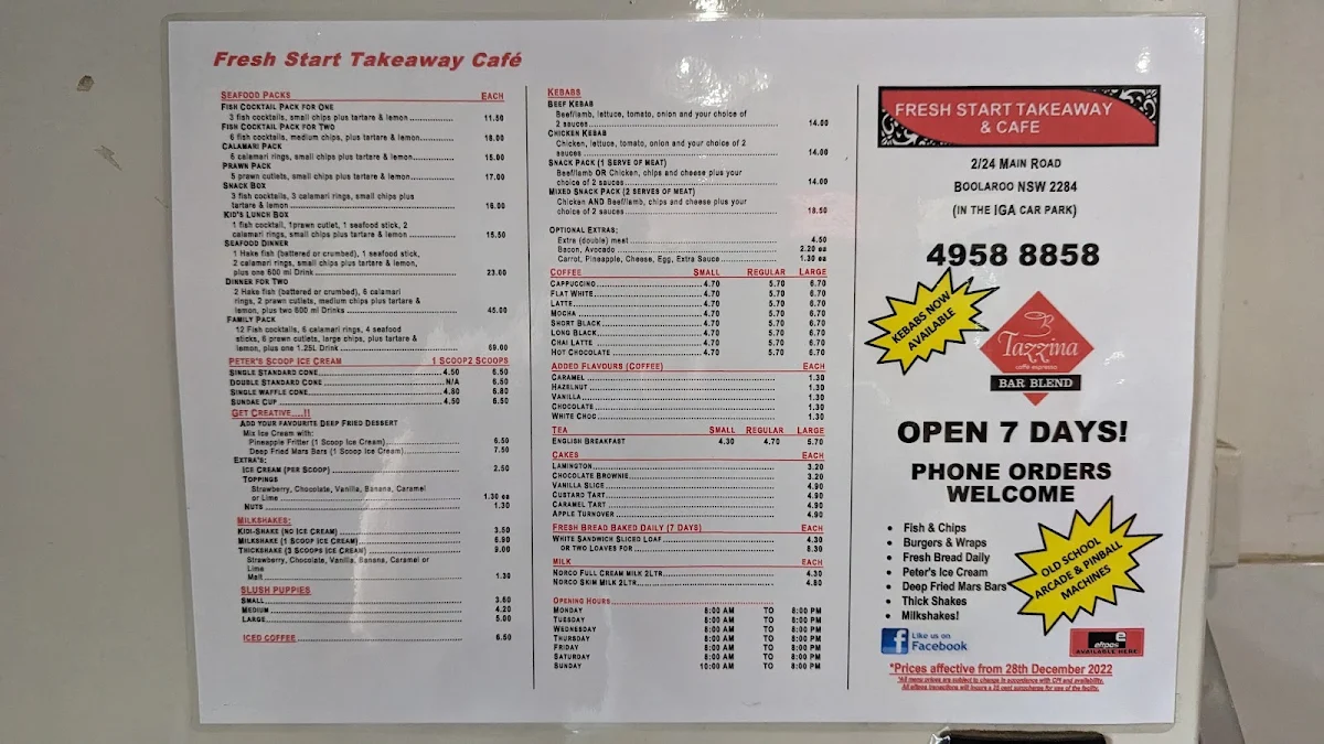 Menu, Fresh Start Takeaway