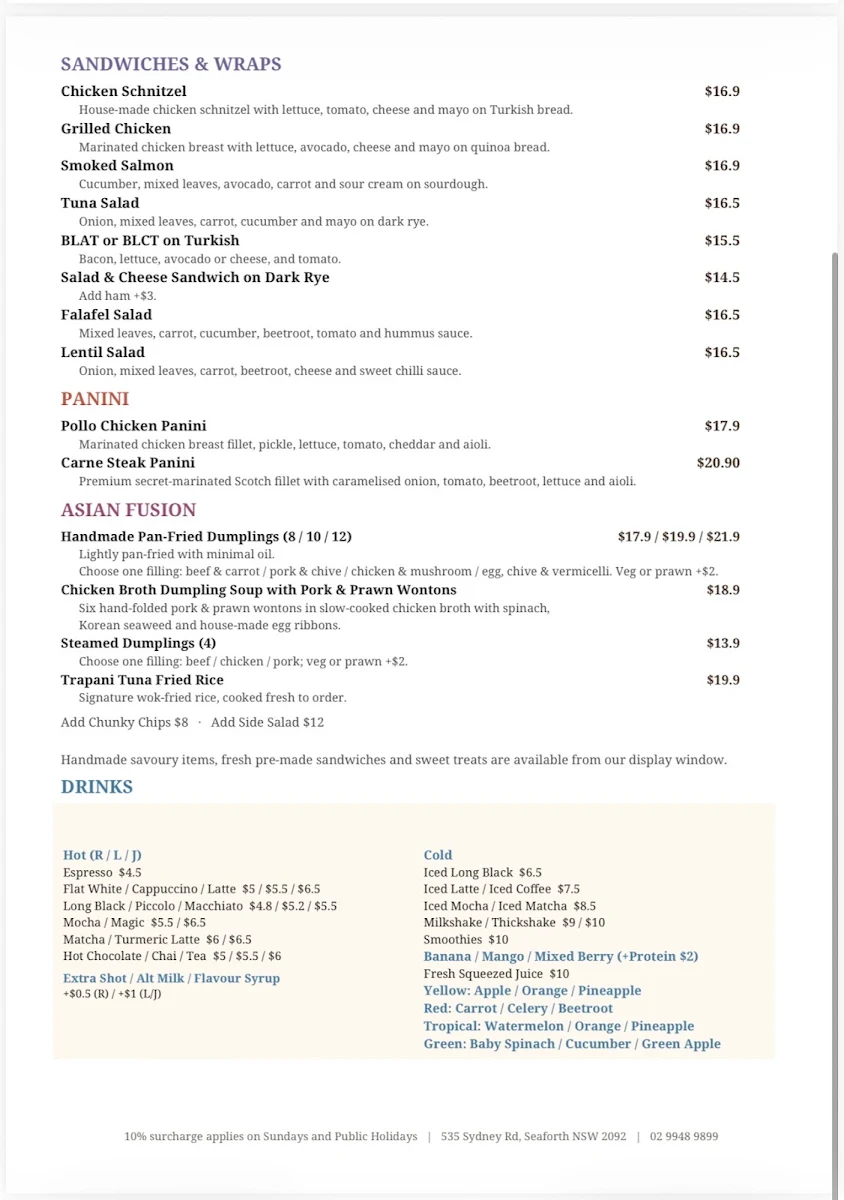 Menu, Trapani Cafe Seaforth