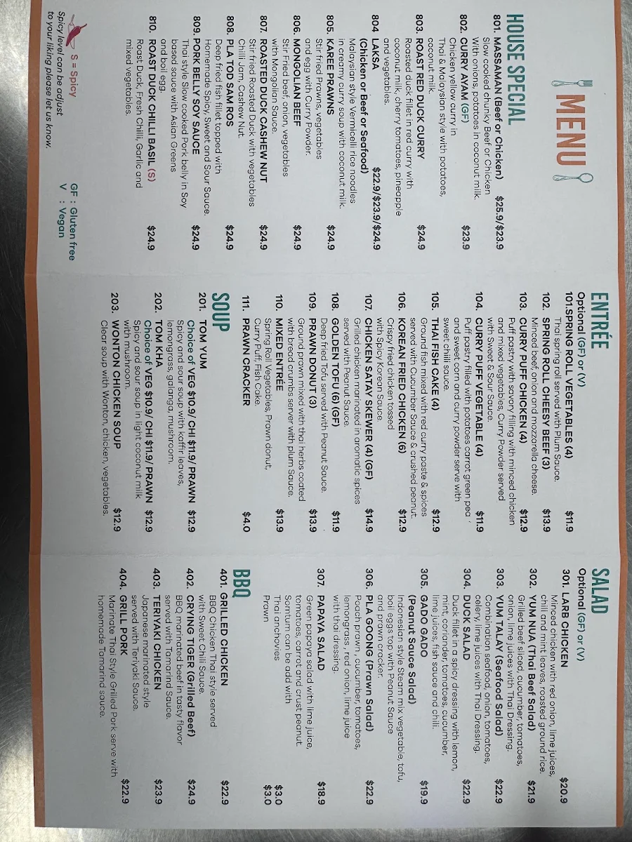 Menu, Jack's Thai @ Nairne