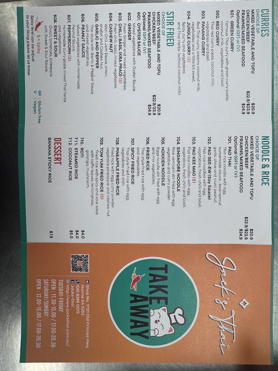 Menu, Jack's Thai @ Nairne