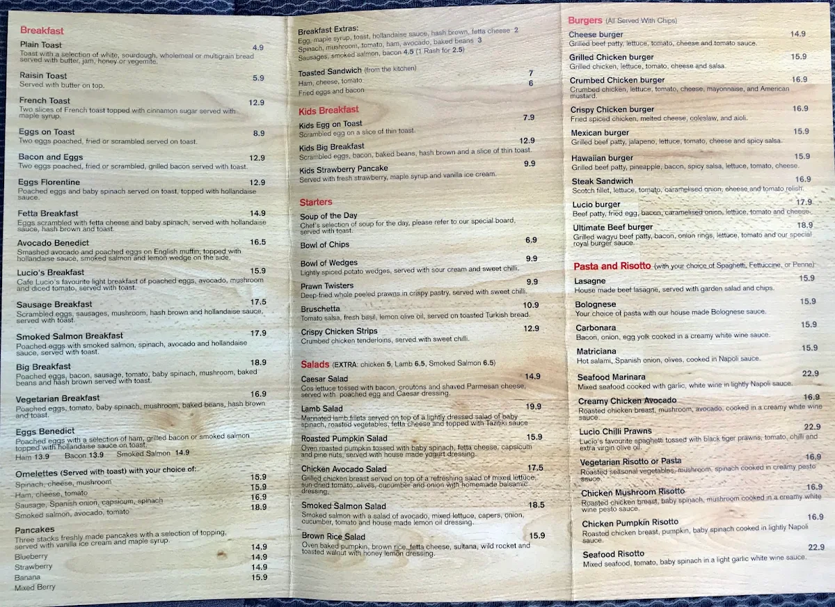Menu, Cafe Lucio