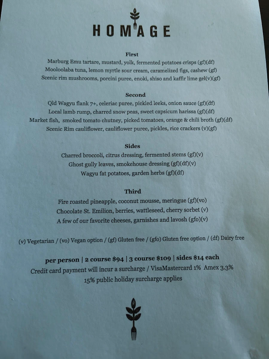 Menu, Homage Restaurant