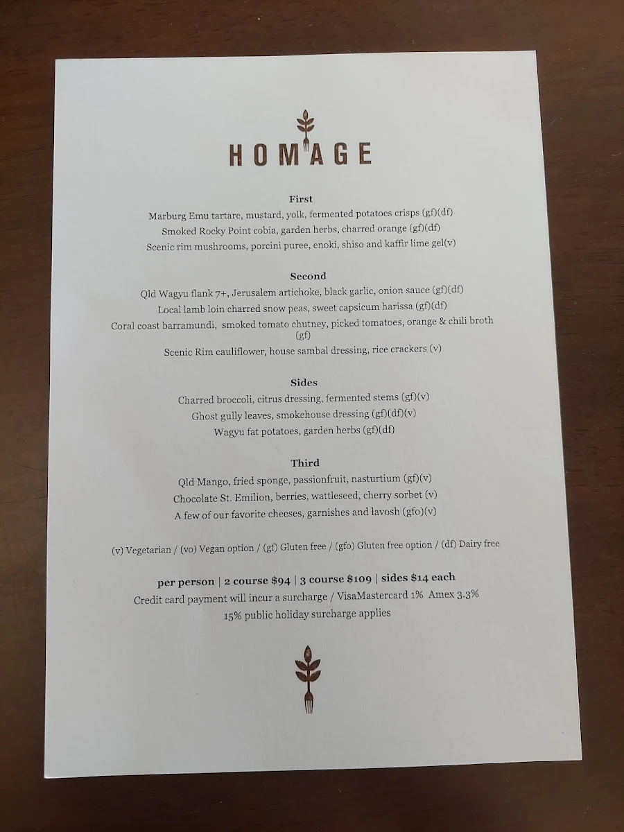 Menu, Homage Restaurant