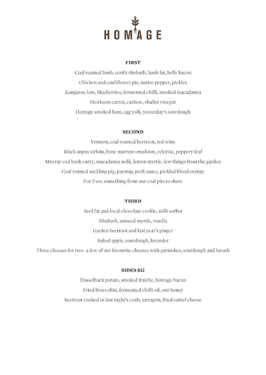 Menu, Homage Restaurant
