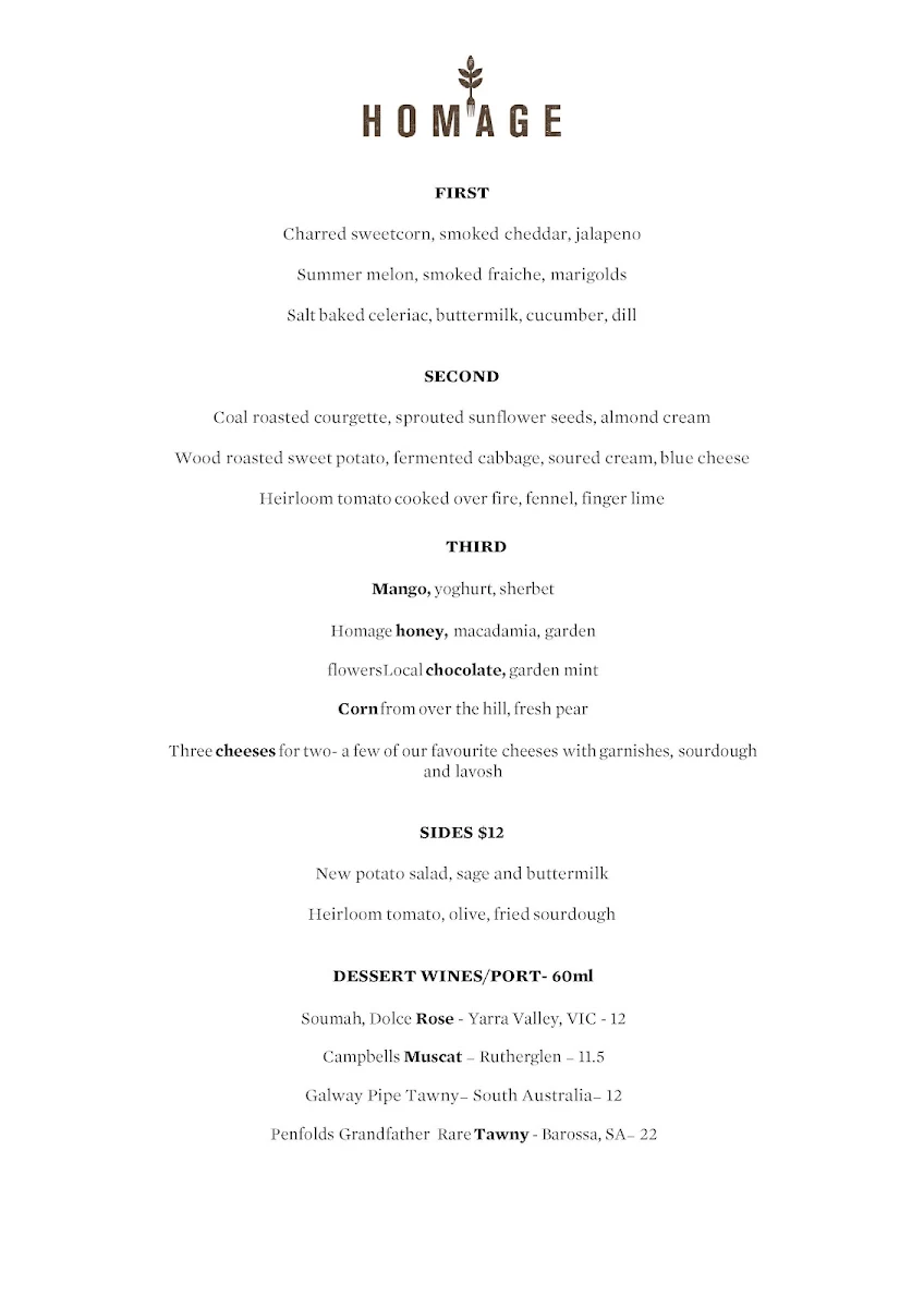 Menu, Homage Restaurant