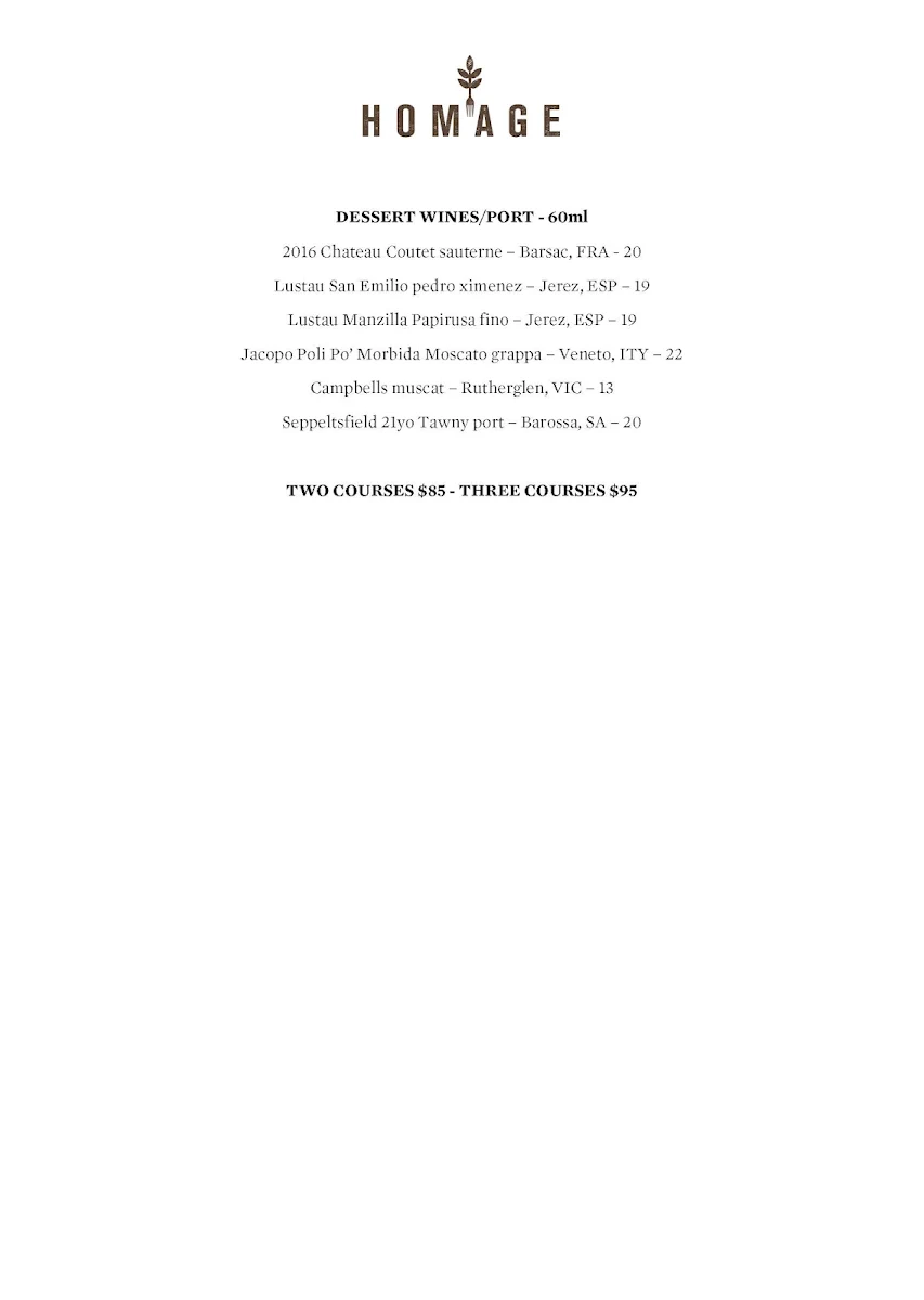 Menu, Homage Restaurant