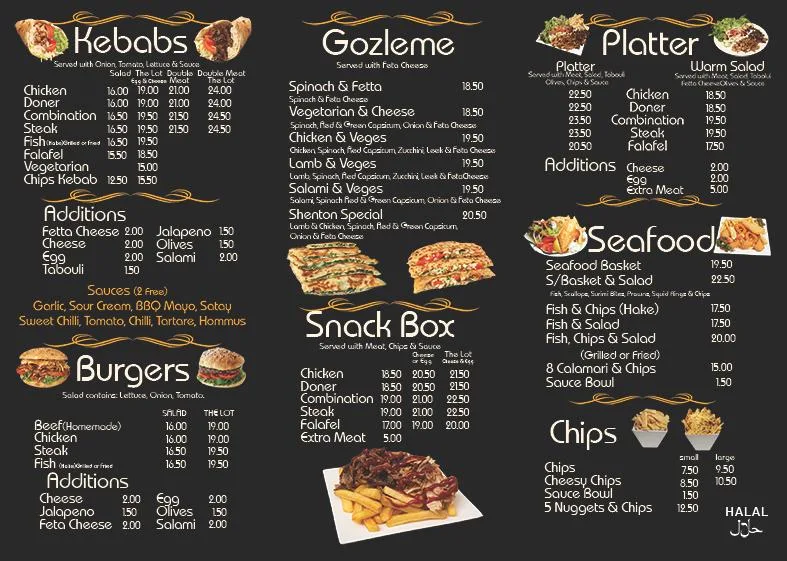 Menu, Shenton Kebabs Turkish Bakery