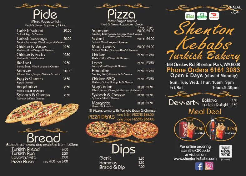 Menu, Shenton Kebabs Turkish Bakery