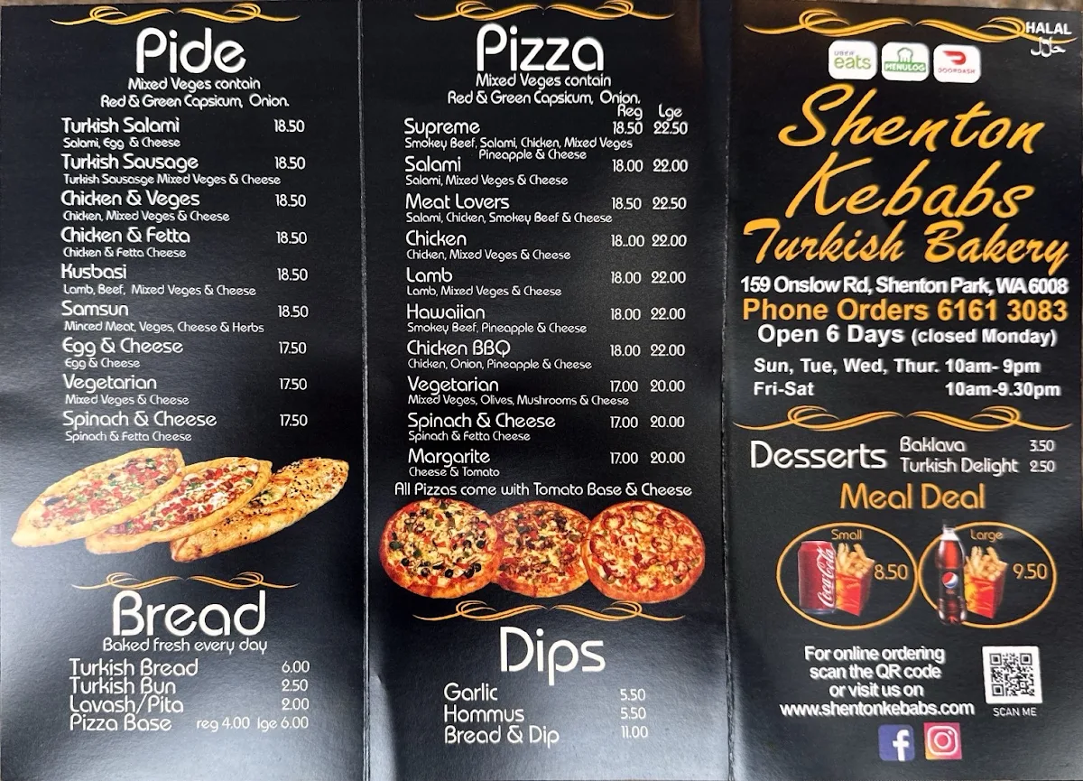 Menu, Shenton Kebabs Turkish Bakery