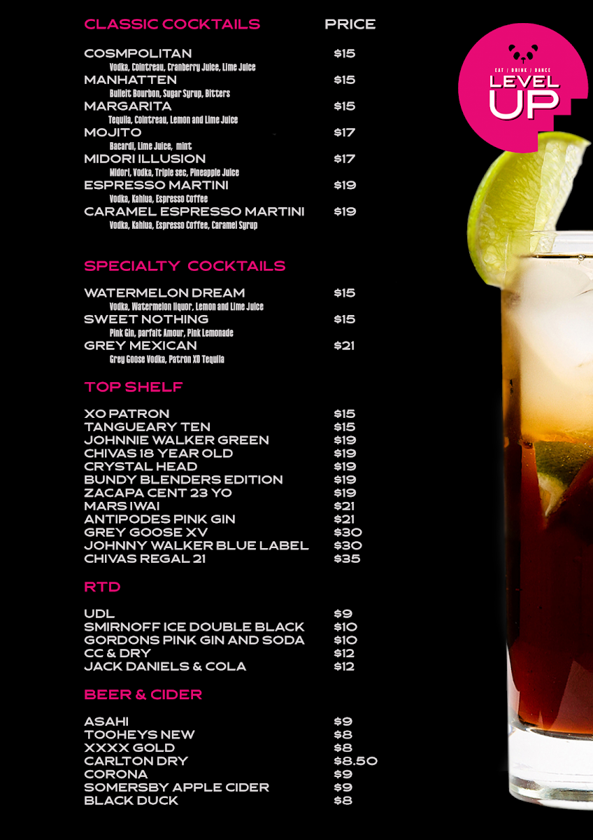 Menu, Level Up