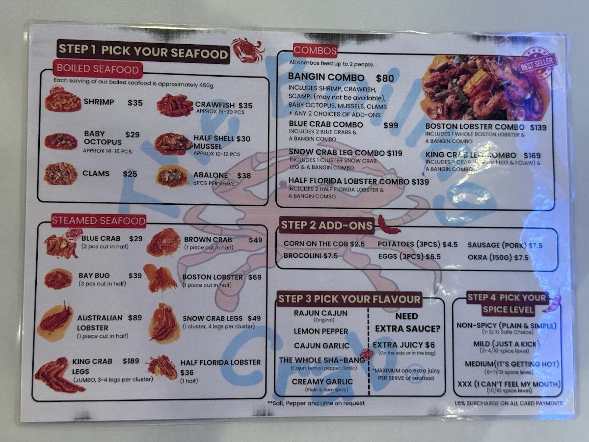Menu, The Boiling Crab | Sydney CBD