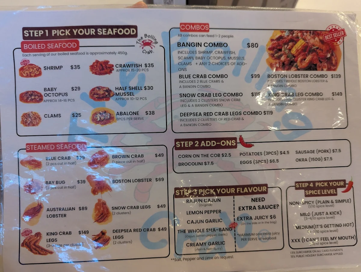 Menu, The Boiling Crab | Sydney CBD