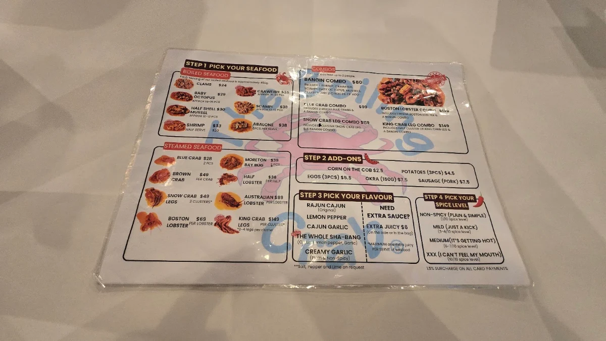 Menu, The Boiling Crab | Sydney CBD