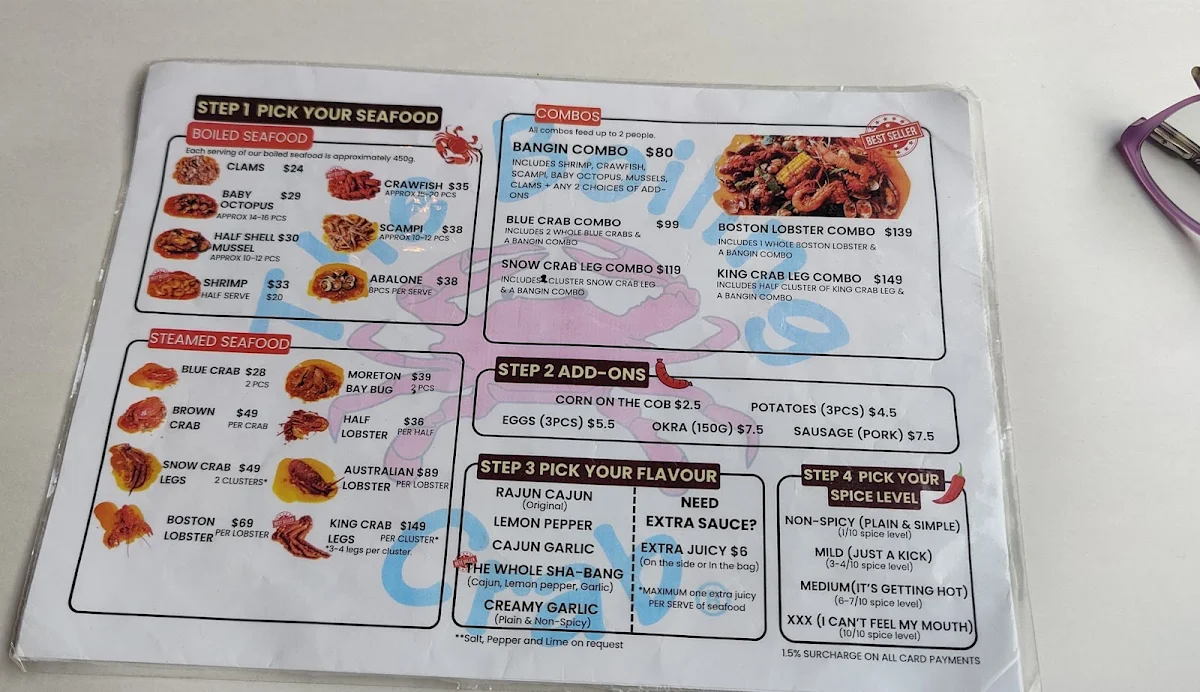 Menu, The Boiling Crab | Sydney CBD