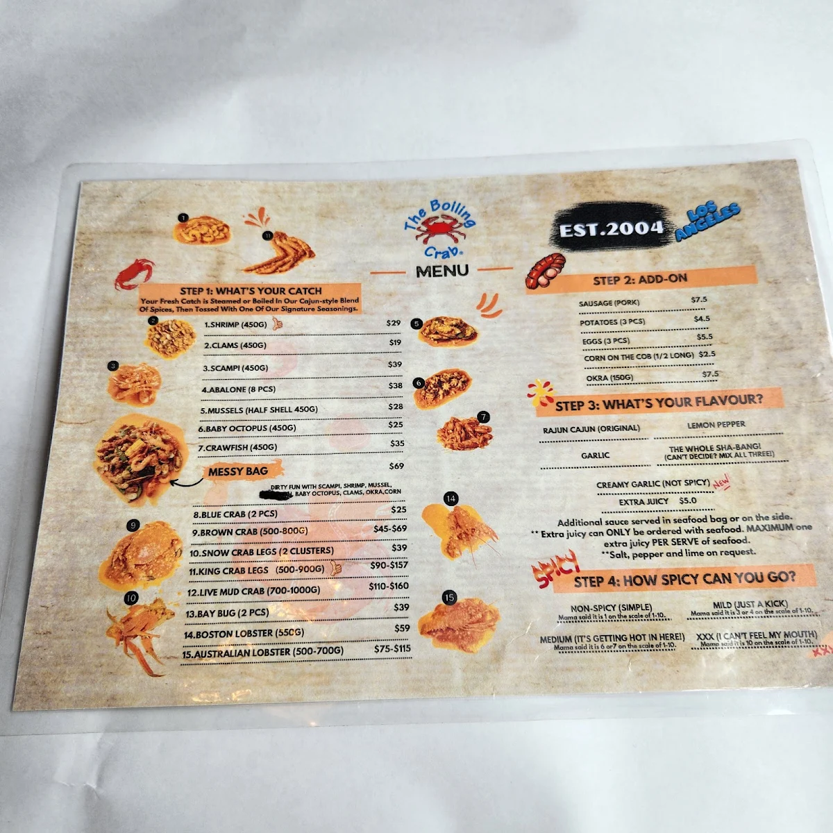 Menu, The Boiling Crab | Sydney CBD