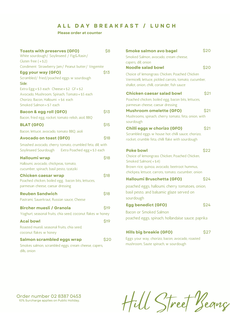 Menu, Hill St Beans Cafe Roseville