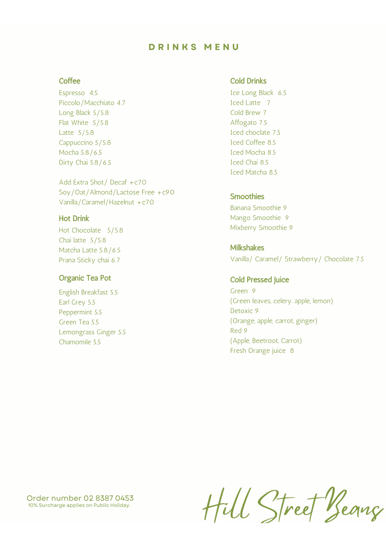 Menu, Hill St Beans Cafe Roseville