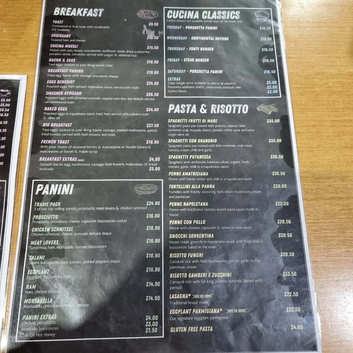 Menu, Fine Food Cucina
